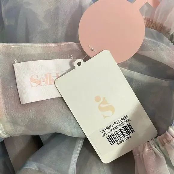 SELKIE French Puff Tulle Organza Floral Midi Dress in Watercolor Size XS - Picture 8 of 9